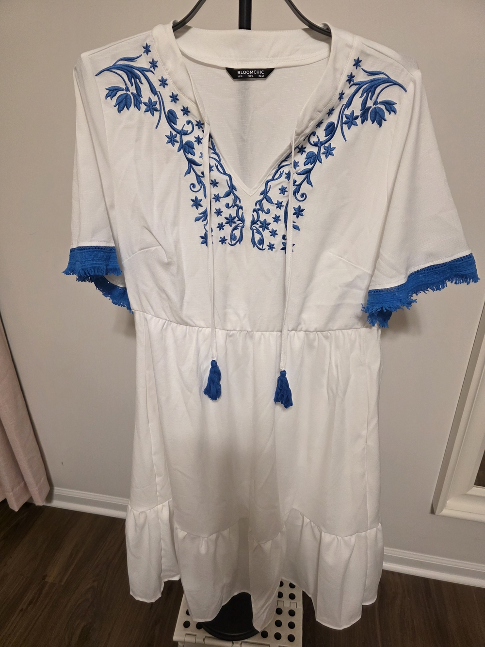 Bloomchic White Embroidered Tassel Tunic Dress with Blue Accents